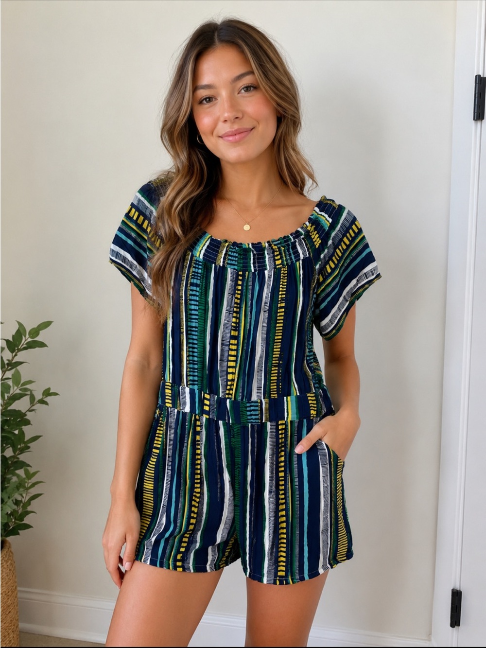 LOFT Beach Mixed Stripe Off The Shoulder Romper SZ Large